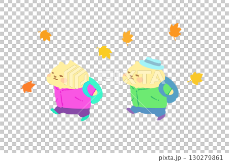 秋のハイキングを楽しむかわいい猫　手描きイラスト素材 130279861