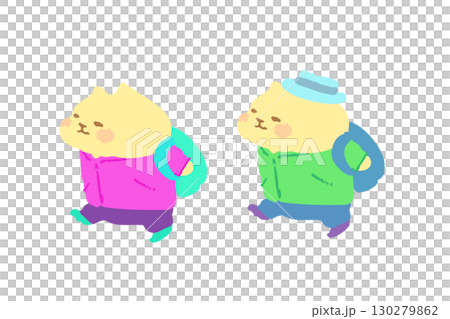 ハイキングを楽しむかわいい猫　手描きイラスト素材 130279862