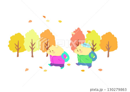 秋のハイキングを楽しむかわいい猫 手描きイラスト素材 秋のハイキングを楽しむかわいい猫 手描きイラスト素材 130279863