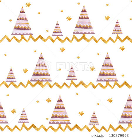 Seamless pattern of abstract burgundy Christmas trees, golden snowflakes and zigzags, hand-drawn in watercolor. 130279998