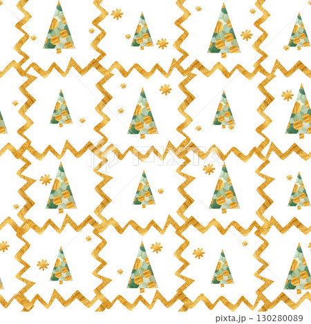 Seamless pattern of abstract green Christmas trees, golden snowflakes and zigzags, hand-drawn in watercolor. 130280089