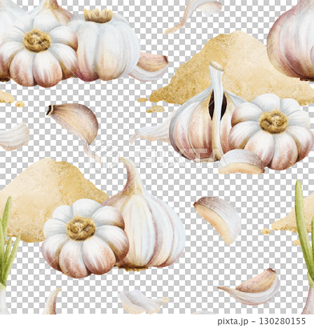 Garlic powder with whole vegetables and with cloves watercolor seamless pattern on white. Pile of dry spice for cooking and traditional medicine recipes. Minced seasoning for culinary designs 130280155