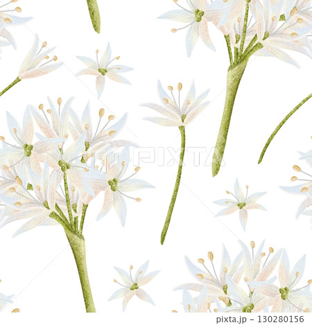 Watercolor white flowers bouquet seamless pattern. Simple pastel wildflowers with green stems repeat background. Delicate spring floral drawing for wedding designs Watercolor white flowers bouquet seamless pattern. Simple pastel wildflowers with green stems repeat background. Delicate spring floral drawing for wedding designs 130280156