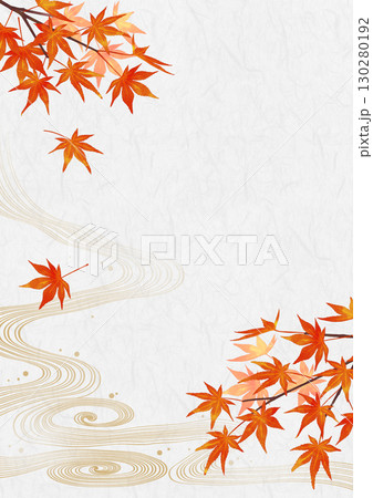 紅葉と水流の和柄　水彩風　和紙背景　縦画像 130280192