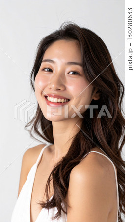 白背景で笑顔を見せる若い女性ポートレート 130280633