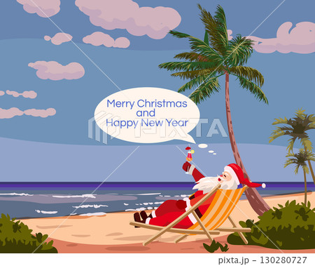 Merry Christmas banner, Santa Claus on the resort tropical, 130280727