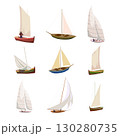 Set sailboat and yacht retro ship, fishery, travel vessel 130280735