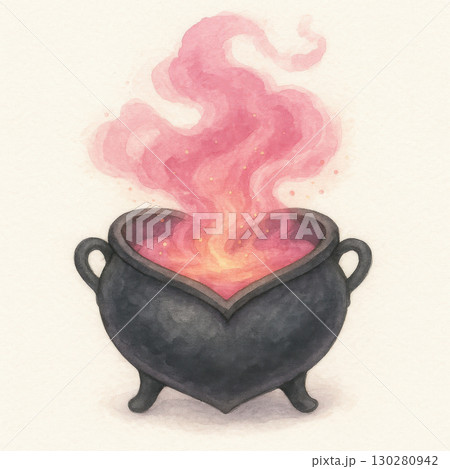 Watercolor illustration clipart of witch cauldron shaped like heart glowing with pink magical smoke single object 130280942