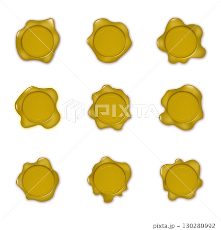 Golden wax stamp vector icon set. Shiny realistic 3D gold seal templates for quality assurance, warranty certification, premium awards, and vintage decorative labels. Golden wax stamp vector icon set. Shiny realistic 3D gold seal templates for quality assurance, warranty certification, premium awards, and vintage decorative labels. 130280992