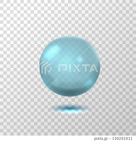 Realistic clear glass bubble. Transparent water droplet or round glossy sphere with light reflections, isolated vector element. 130281011