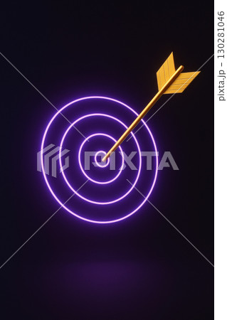 Golden arrow hitting neon purple target glowing with precision and achievement concept on dark background 130281046