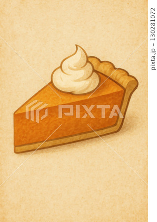 Slice of pumpkin pie with whipped cream on vintage parchment background cozy autumn dessert illustration 130281072