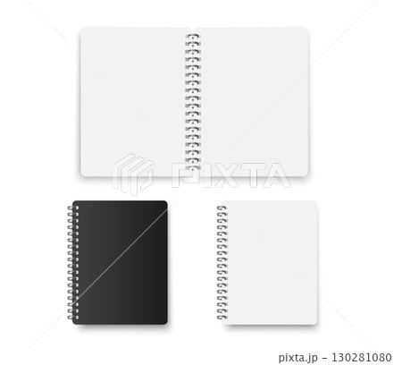 Open and closed spiral notebooks in black and white colors. Realistic mockup templates isolated on white background for school, office, or planner design. 130281080