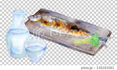 Watercolor illustration, hand-drawn illustration, Pacific saury and cold sake Watercolor illustration, hand-drawn illustration, Pacific saury and cold sake 130281081
