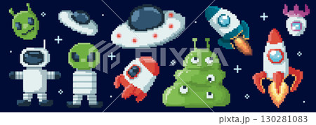 Pixel space collection with rockets and aliens 130281083
