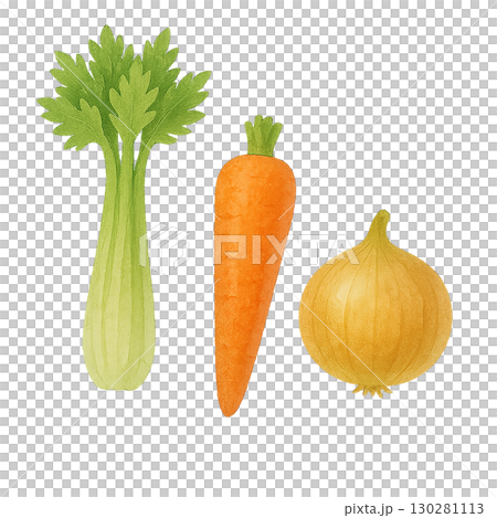 セロリとにんじんと玉ねぎの水彩風イラスト（PNG切り抜き） 130281113