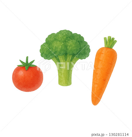 ブロッコリーとトマトとにんじんの水彩風イラスト（PNG切り抜き） 130281114