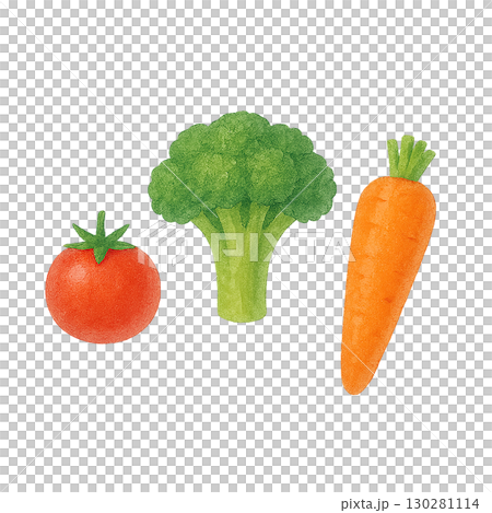 西蘭花、番茄和胡蘿蔔水彩插圖（PNG 剪貼圖） 130281114