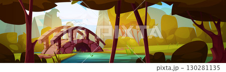 Forest fantasy landscape with stone arch bridge 130281135