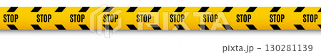 Yellow caution tape with bold STOP text and black diagonal stripes, symbolizing restriction, danger, and safety warnings. 130281139