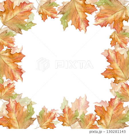 Watercolor square frame with hand drawn autumn leaves, isolated on a white background. Suitable for design, print 130281143