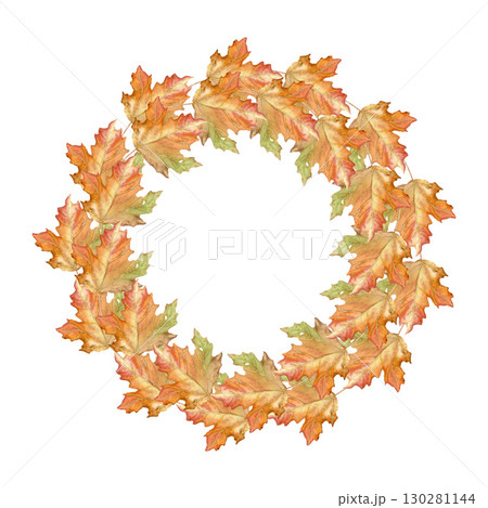 Watercolor wreath of autumn leaves, hand drawn, isolated on a white background. Suitable for designing cards, Thanksgiving invitations, harvest, etc. Watercolor wreath of autumn leaves, hand drawn, isolated on a white background. Suitable for designing cards, Thanksgiving invitations, harvest, etc. 130281144