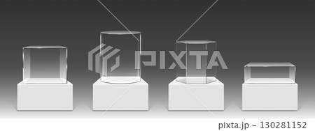 Glass box displays with museum pedestals 130281152
