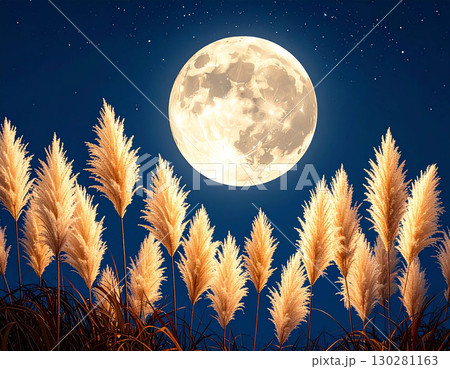 夜空に輝く中秋の名月と風に揺れるススキの穂 夜空に輝く中秋の名月と風に揺れるススキの穂 130281163