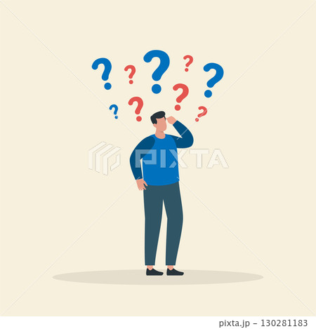Confused Man Surrounded by Question Marks. Searching for an Idea or Solution. 130281183