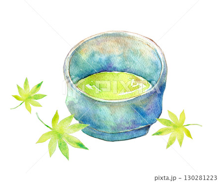 水彩イラスト 手描きイラスト 青紅葉と抹茶茶碗 水彩イラスト 手描きイラスト 青紅葉と抹茶茶碗 130281223