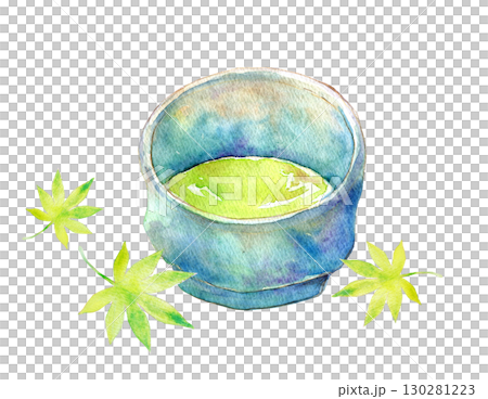 水彩イラスト 手描きイラスト 青紅葉と抹茶茶碗 水彩イラスト 手描きイラスト 青紅葉と抹茶茶碗 130281223