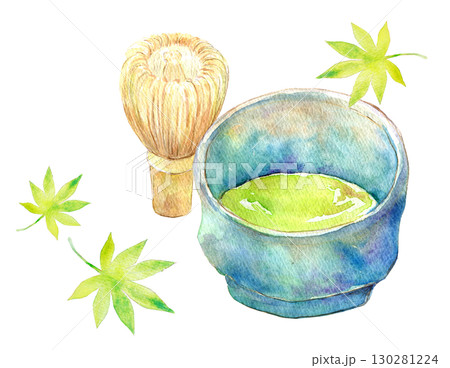 水彩イラスト　手描きイラスト　青紅葉と抹茶茶碗 130281224
