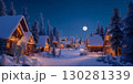 満月と雪に包まれたクリスマス　冬のライトアップした山間のログハウス 130281339