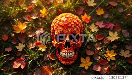 Skull Covered in Autumn Leaves and Flowers Lying on Grass in Halloween Atmosphere. 130281374