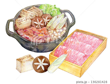 水彩イラスト　手描きイラスト　高級霜降り和牛のすき焼きセット 130281428