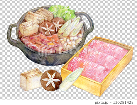 水彩イラスト　手描きイラスト　高級霜降り和牛のすき焼きセット 130281428