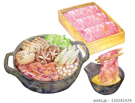 水彩イラスト　手描きイラスト　高級霜降り和牛のすき焼きセット 130281429