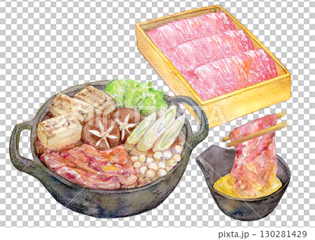 水彩イラスト　手描きイラスト　高級霜降り和牛のすき焼きセット 130281429