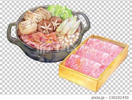 水彩イラスト　手描きイラスト　高級霜降り和牛のすき焼きセット 130281430