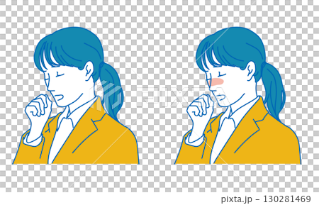 Illustration of a female employee who is coughing and feeling unwell Illustration of a female employee who is coughing and feeling unwell 130281469