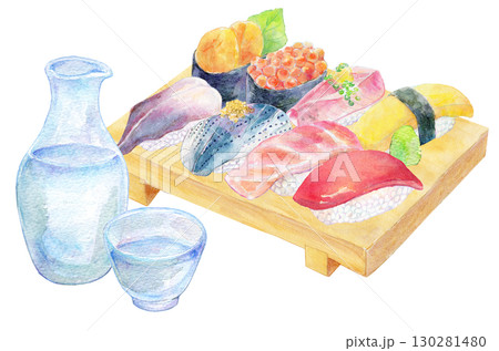 水彩イラスト　手描きイラスト　特上握り鮨と冷酒 130281480