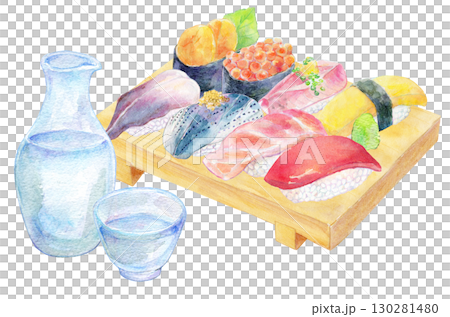 Watercolor illustration, hand-drawn illustration, premium nigiri sushi and cold sake Watercolor illustration, hand-drawn illustration, premium nigiri sushi and cold sake 130281480