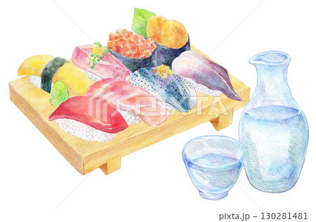水彩イラスト　手描きイラスト　特上握り鮨と冷酒 130281481