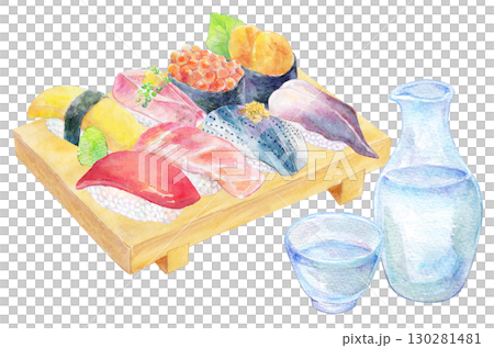 水彩插圖、手繪插圖、高級握壽司和冷酒 130281481