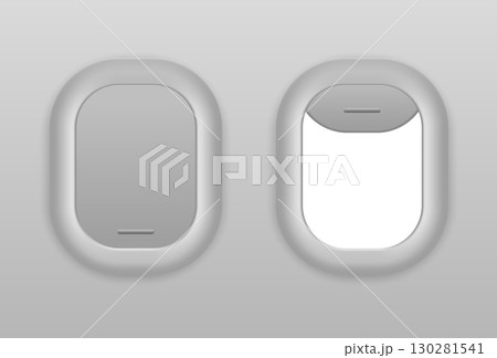 Realistic airplane window set with open and closed views, plastic and glass design, vector mockup for aviation travel concept and flight presentation. Realistic airplane window set with open and closed views, plastic and glass design, vector mockup for aviation travel concept and flight presentation. 130281541