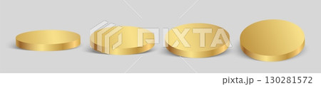 Realistic 3D golden podium set in various shapes and angles. Luxury display platforms for product presentation, awards, or exhibition mockups 130281572