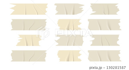 Collection of realistic adhesive tape pieces in various shapes and textures. Torn, wrinkled, and sticky strips isolated on white for collage or notes. 130281587