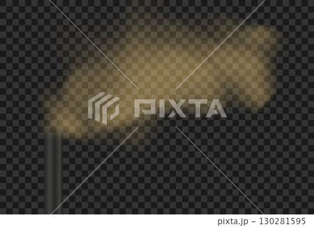 Set of brown smoke clouds rising from factory chimney. Realistic vector illustration of air pollution. Isolated on transparent background for environmental themes. 130281595