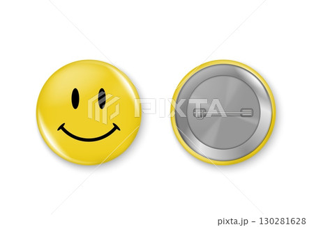 Vector illustration of round smiley face badge with front and back view showing cute yellow design and pin isolated on white background for fun graphics. 130281628