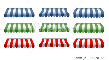 Set of striped red blue and green vector awnings for storefronts market stalls or cafes isolated on white background perfect for summer design themes. 130281630